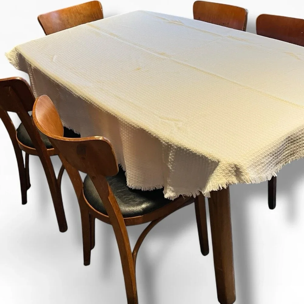 VTG Homespun Cotton Texture Fringe Tablecloth White 78